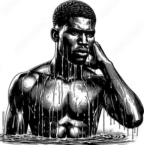 Black and White Engraved Illustration of a Man Soaking in Water with Pensive Expression
