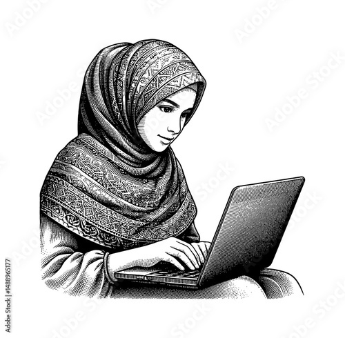 Muslim Woman Wearing Hijab Typing on Laptop, Engraved Black and White, Focused and Concentrated