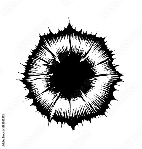 Abstract Black Hole with Radiation in Space Engrave Style Black and White Isolated