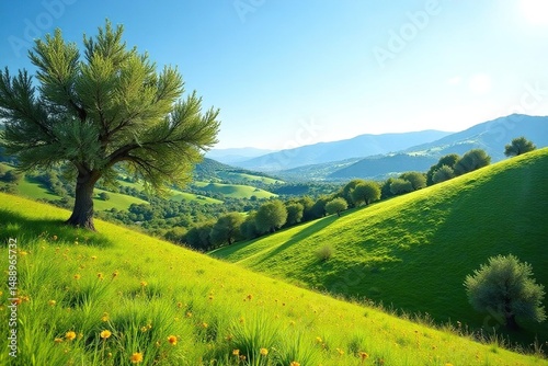 Sunny Andalusian landscape, vibrant green hills & olive groves, sun, Spain
