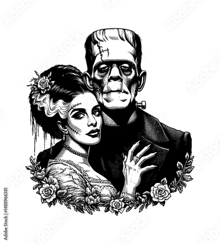 Engraved illustration of Frankenstein's monster and his bride with roses and leaves.