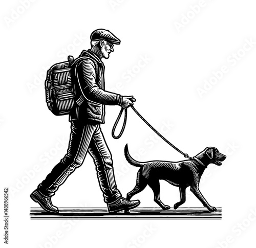 Man with Backpack Walking a Dog on Leash in Black and White Engraved Illustration Style