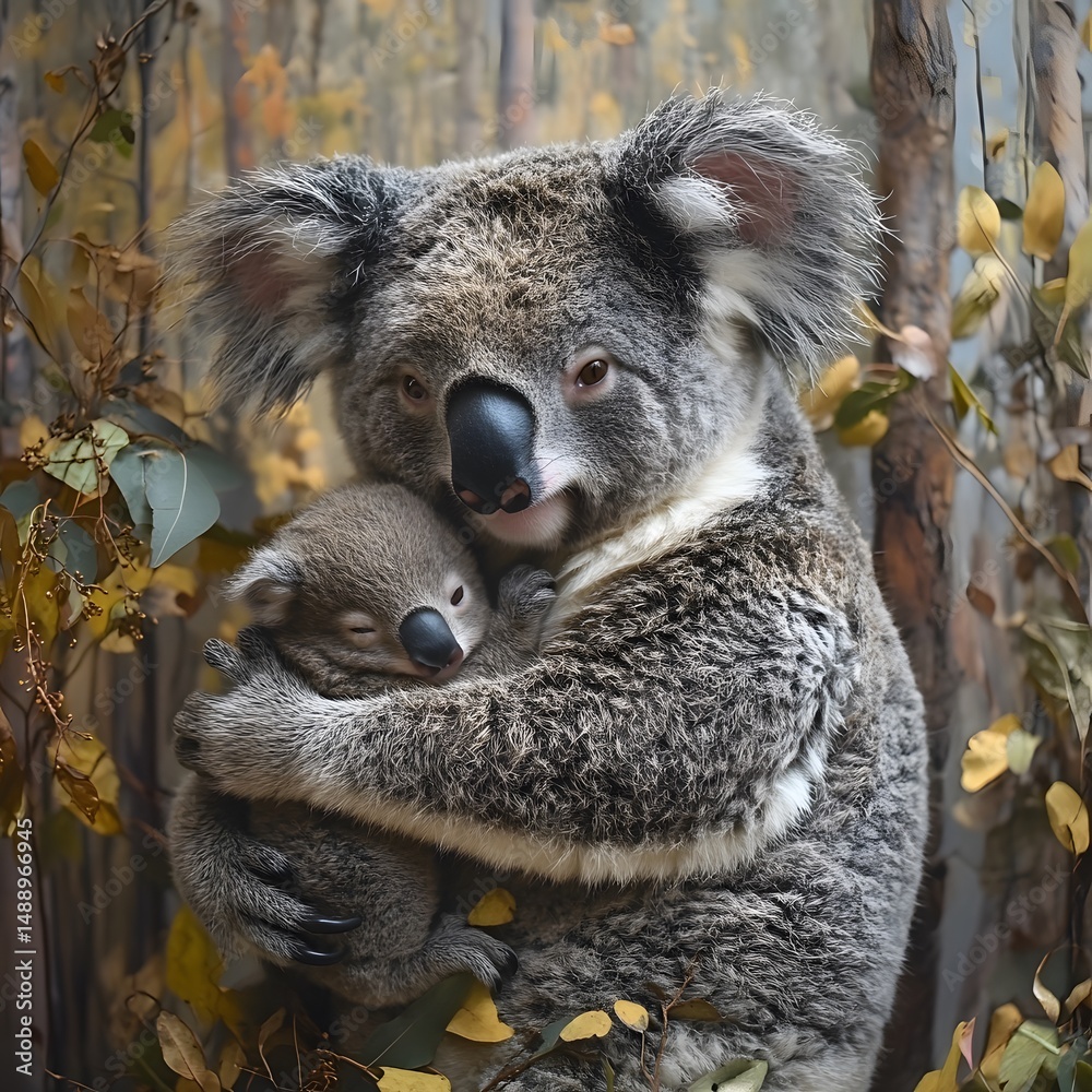 Fototapeta premium Koala mother cradling joey