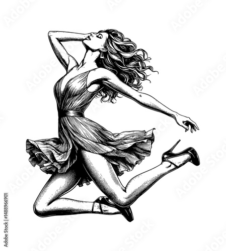 Engraved Drawing of Woman in Dress Leaping with Joy in Black and White Style