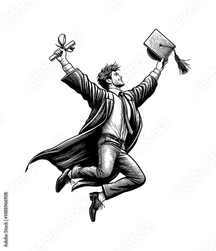 Excited Graduate Jumping with Diploma and Cap in Detailed Black and White Engraving