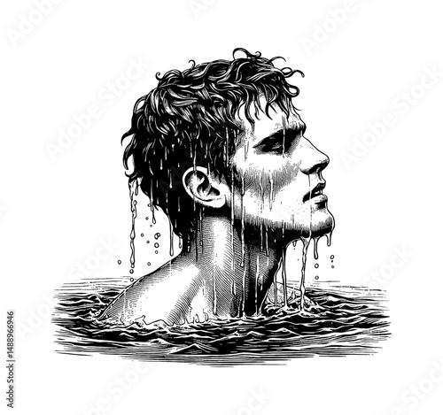 Engraved Illustration of Man Emerging from Water with a Serene Expression in Black and White