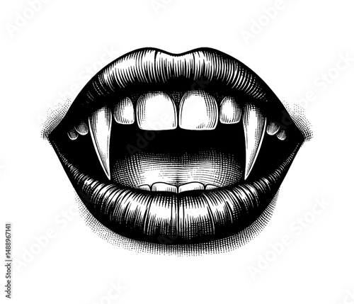 Engraved Illustration of Vampire Mouth with Fangs, Open Lips Showing Sharp Teeth in Black and White