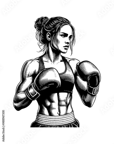 Strong Woman Boxer in Gloves, Determined Expression, Engraving Style Black and White Illustration