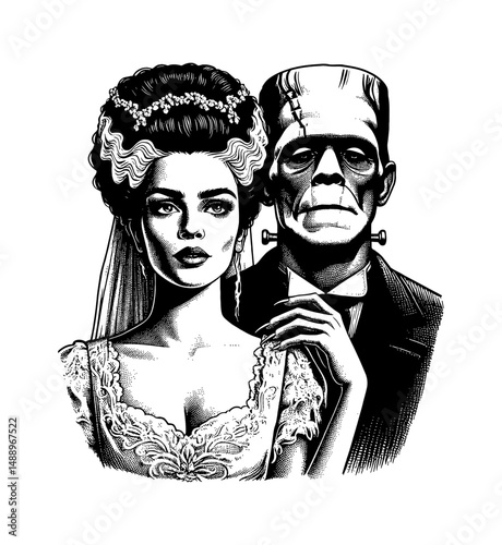 Black and White Illustration of Frankenstein Bride and Monster Couple Portrait