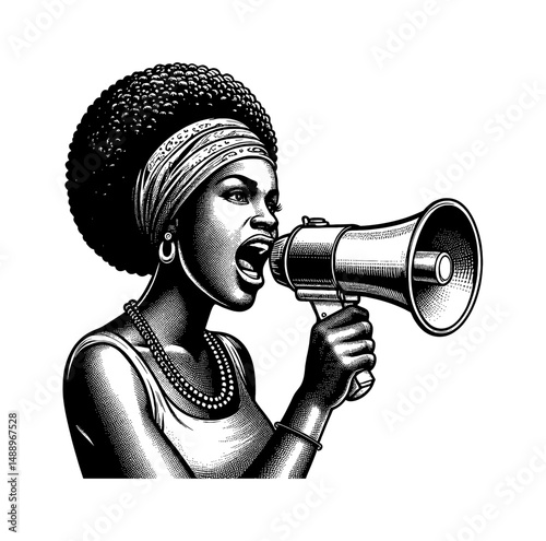 Black and white illustration of a woman shouting into a megaphone with a determined expression