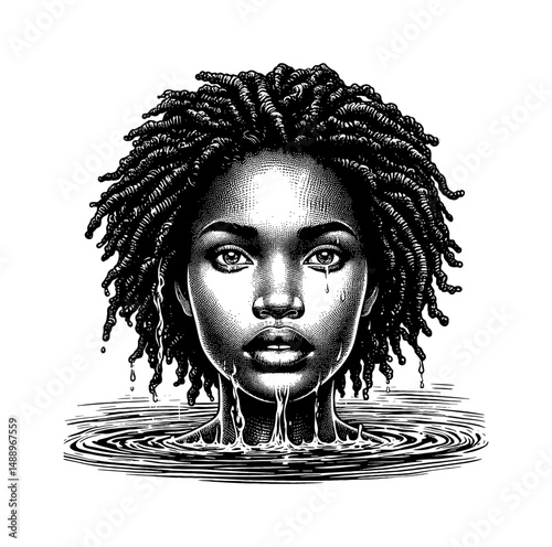 Engraved Portrait of Sad African American Woman with Tears in Water