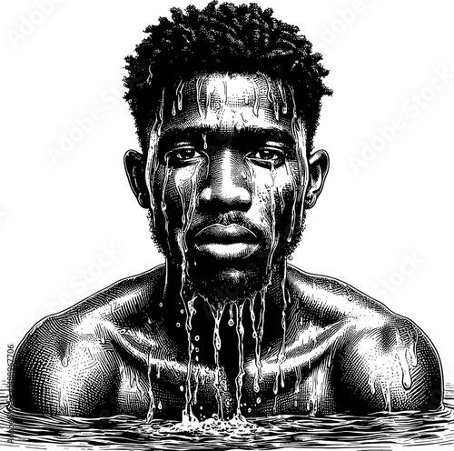 Portrait of a Serious Black Man in Water with Water Dripping from His Face in Engraving Style
