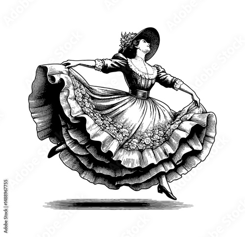 Woman in Dress and Hat Dancing with Elegant Pose in Detailed Black and White Engraving