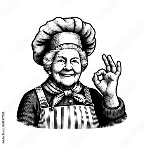 Happy Senior Woman Chef Showing Okay Sign with Smile in Detailed Black and White Line Art