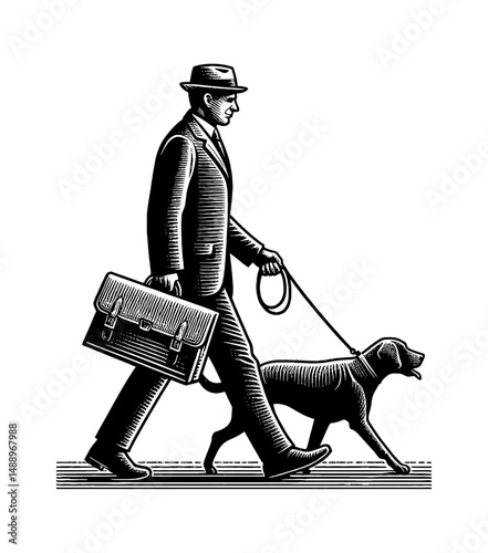 Illustration of a Businessman Walking a Dog with Briefcase in Hand, Black and White