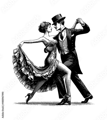 Elegant Couple Dancing Tango in Vintage Engraving Style Black and White Detailed Illustration