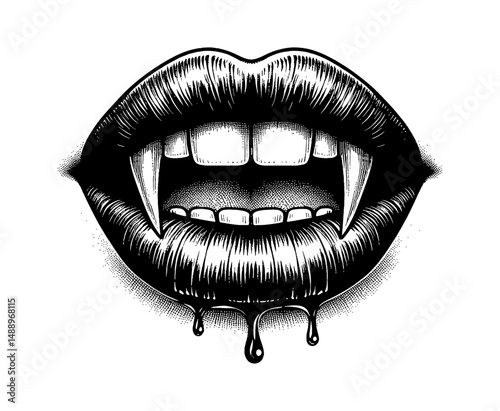 Vampire Mouth with Fangs Dripping Blood Detailed Black and White Engraving Style Illustration