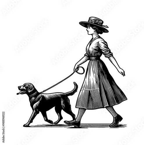 Woman in Hat Walking Dog on Leash, Side View, Black and White Vintage Engraved Illustration