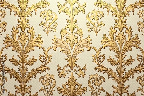 Intricate floral damask pattern in muted golds and creams , stylish, fabric