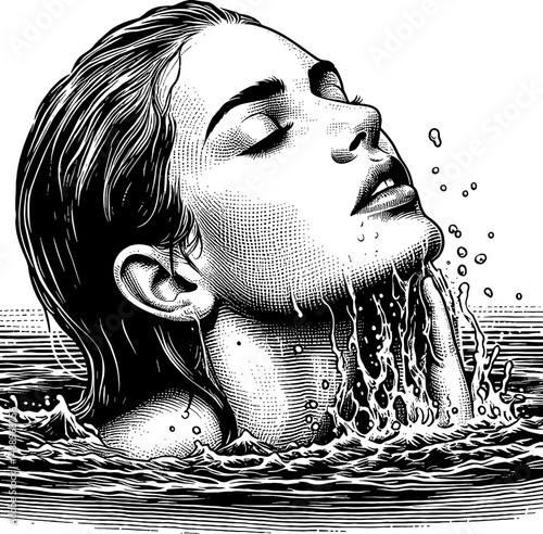 Engraved Illustration of a Woman Immersed in Water, Eyes Closed, with Water Dripping from Face