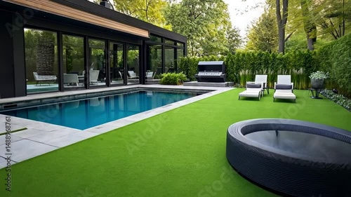 Modern Backyard Oasis: Luxury Pool, Artificial Turf, and Stylish Loungers