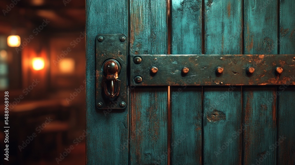 Fototapeta premium A weathered, teal-painted wooden door opens to a dimly lit interior