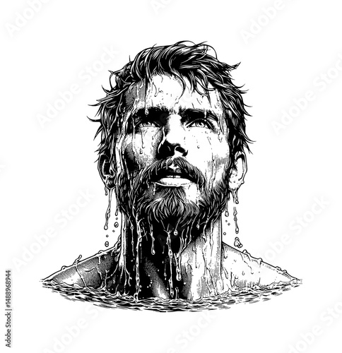 Portrait of a Man Emerging from Water, Gaze Upward, Detailed Black and White Line Art