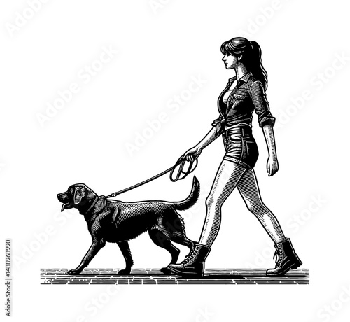 Woman Walking a Dog on a Leash in Engraved Detailed Black and White Line Art Style