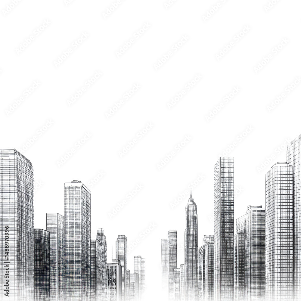 Fototapeta premium Urban landscape showcasing towering skyscrapers in a modern city skyline, Impressive View an Urban Landscape With Towering Skyscrapers, white background