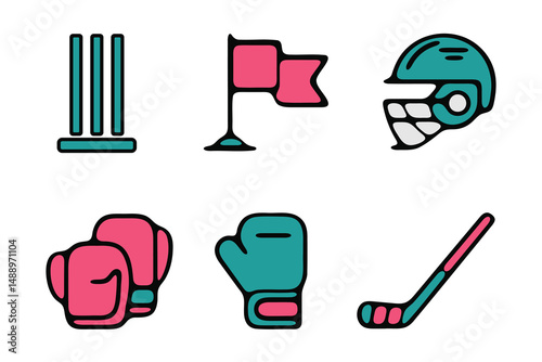 Colorful Sport Equipment Icons Set for Graphic Design