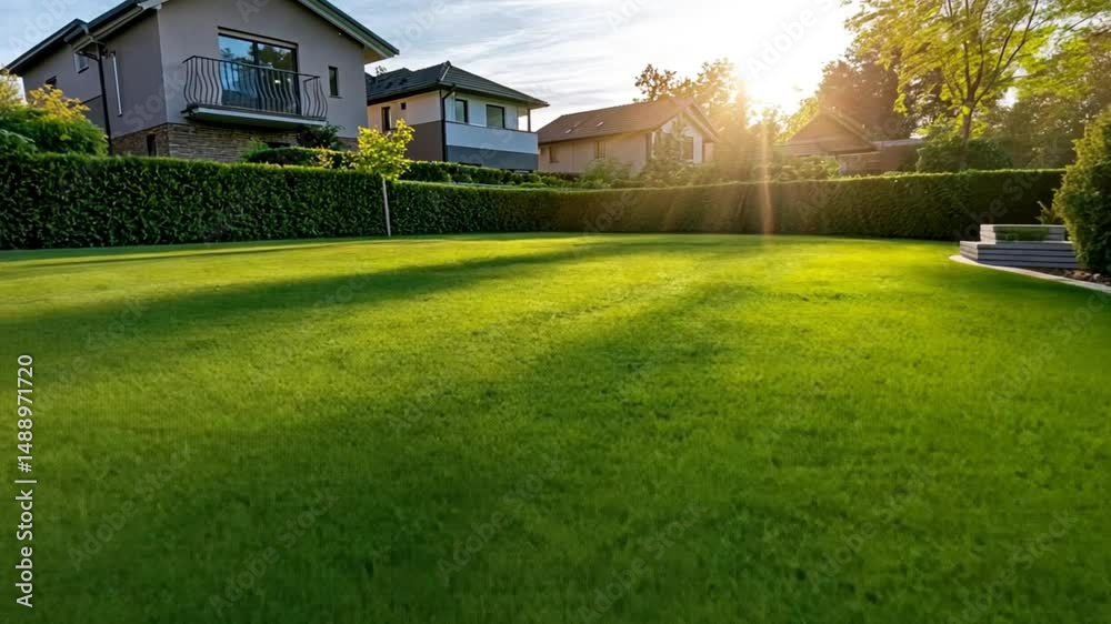Serene Sunset Over Lush Green Lawn and Modern Houses Serene Sunset Over Lush Green Lawn and Modern Houses