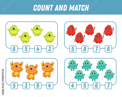 Education game for children count and match of cute cartoon monsters, printable worksheet. Funny monster. Vector illustration
