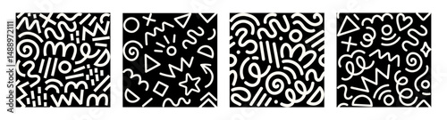 Set of trendy Memphis geometric patterns. Modern basic shapes: star, arrow, triangle, circle, heart, zigzag, spiral, wavy lines. Cool abstract background, retro 80s, 90s style. Cute kid doodle design.