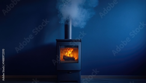 Cozy wood-burning stove emitting warm smoke against a dark blue wall