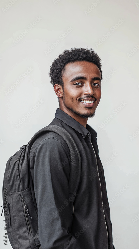 Obraz premium Smiling young Ethiopian man with a black backpack and dark shirt, symbolizing confidence and academic aspirations.
