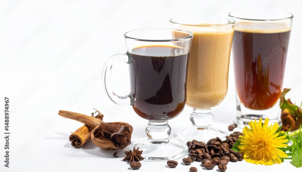 Alternative coffee blends with mushroom, chicory, and dandelion root on isolated white background with steam effect and soft lighting Alternative coffee blends with mushroom, chicory, and dandelion root on isolated white background with steam effect and soft lighting