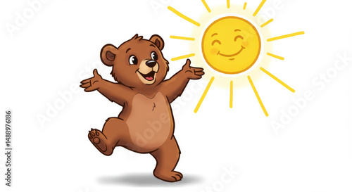 Cheerful Bear Dancing Under Smiling Sun Cartoon