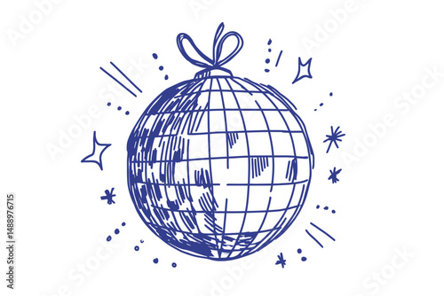 Minimalist Line Art Disco Ball Illustration with 70s Party Doodle Vector
