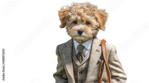A fluffy dog in a suit and tie holding a briefcase business pet concept