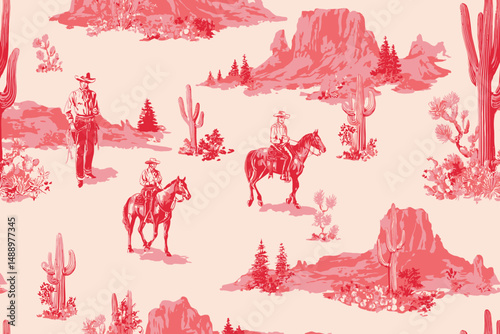 Seamless Rodeo Cowboys Vector Pattern with Desert Cacti Landscape � Wild West Surface Design for Fabric and Prints