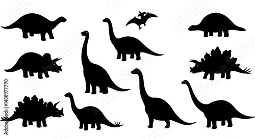 Fototapeta Naklejka Na Ścianę i Meble -  Dinosaurs Silhouettes Prehistoric Animals Dino Clip Art Brontosaurus Triceratops Jurassic Adventure