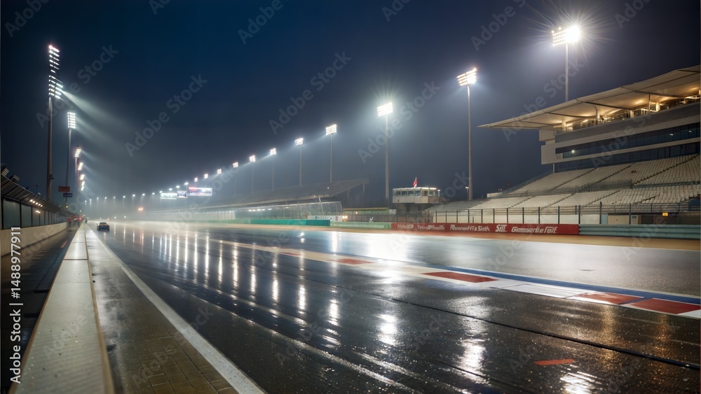 Fototapeta premium Wet Racetrack Illuminated by Night Lights 