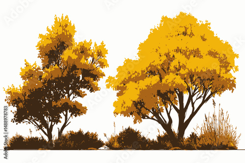Watercolor Forest with Grass Elevation Vector Landscape Scene Botanical Elements Blooming Autumn Tree for Architecture Garden Environment