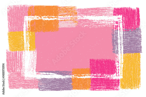Brush Crayon Texture Frame Box Pink Square Text Background Hand Drawn Doodle Pastel Chalk Border Vector