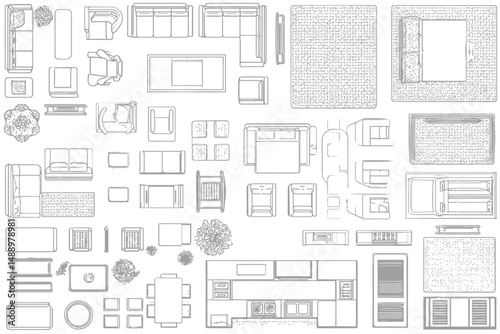 Furniture Outline Top View Floor Plan Vector Icons Interior Design Elements Living Room Bedroom Kitchen Bathroom Apartments Furniture Store