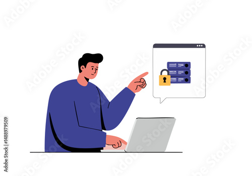 A man points at a secure server icon on his laptop screen, illustrating wearable authentication. Modern, flat design. Suitable for tech and security concepts.