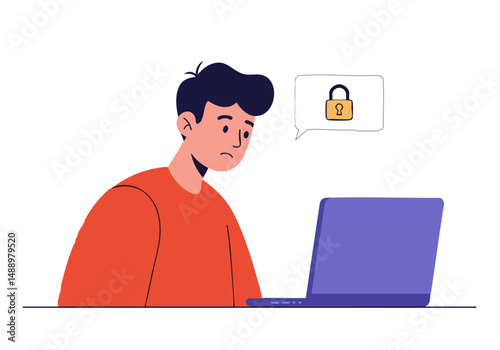 A young man struggles with an authentication error on his laptop, conveying frustration. Modern illustration style, pastel background, padlock icon. Suitable for tech, error, and frustration concepts.