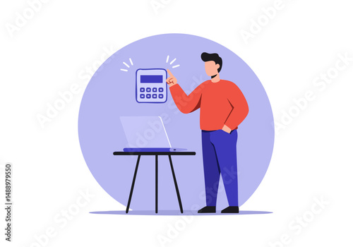 A man uses two-factor authentication on a laptop. Modern illustration with a circular background and rays of light. Focus on security and technology.