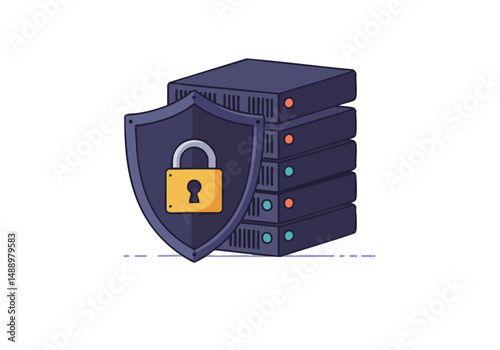Secure server protected by a shield. Modern illustration with a dark server stack and lock.  Ideal for cybersecurity and technology concepts.