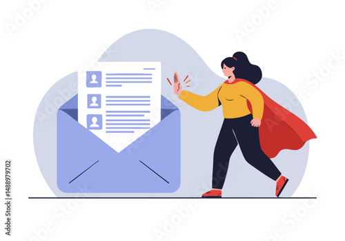 A superheroine intercepts a phishing email, blocking it with a triumphant gesture. Modern, flat design illustration.  Bright, energetic, and visually impactful.